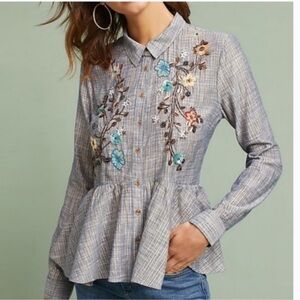 Anthropologie Blue Plaid Blouse with Floral Embroidery
